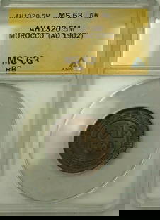 1902 Morocco 5 Mazuna Coin ANACS MS 63 Certified: 1902 Morocco 5 Mazuna Coin ANACS MS 63 Certified This is a 5 Mazuna coin from Morocco, minted in AD 1902. The coin has been certified by ANACS and graded as MS 63, indicating its excellent