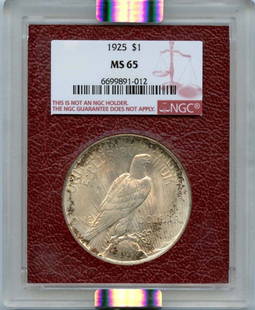 1925 Peace Dollar S$1 NGC MS65 Uncirculated Philadelphia Coin: 1925 Peace Dollar S$1 NGC MS65 Uncirculated Philadelphia Coin This 1925 Peace Dollar is an uncirculated coin certified by NGC with a grade of MS65. Minted in Philadelphia, this coin showcases the