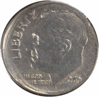 1946-S Roosevelt Silver Dime 5% Off Center AU Uncertified: 1946-S Roosevelt Silver Dime 5% Off Center AU Uncertified This 1946-S Roosevelt Silver Dime features a unique 5% off-center strike, making it a distinctive addition to any coin collection. The coin