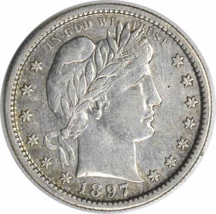 1897-S Barber Quarter 90% Silver XF Circulated Coin: 1897-S Barber Quarter 90% Silver XF Circulated Coin This 1897-S Barber Silver Quarter is a remarkable piece of numismatic history. Struck in 1897 at the San Francisco mint, this coin is composed of