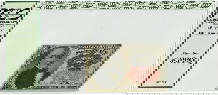 1874 25c Fifth Issue Fr.1308 Uncirculated PCGS MS63 Currency Note: 1874 25c Fifth Issue Fr.1308 Uncirculated PCGS MS63 Currency Note This is an 1874 Fifth Issue 25c Fractional Note (Fr.1308) certified by PCGS Currency with a grade of MS63. The note is in uncirculated