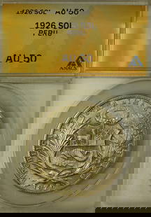 1926 Peru Un Sol Silver Coin ANACS AU 50 Km 218: 1926 Peru Un Sol Silver Coin ANACS AU 50 Km 218 This listing features a 1926 Peru Un Sol Silver Coin, certified by ANACS with a grade of AU 50. The coin, belonging to Km Number 218, is composed of 0.5