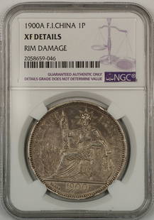 1900A French Indochina Silver 1 Piastre Coin NGC XF Details: 1900A French Indochina Silver 1 Piastre Coin NGC XF Details This 1900A French Indochina 1 Piastre silver coin showcases a historic piece of currency from the region, certified by NGC with a grade of X