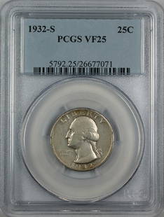 1932-S Silver Washington Quarter PCGS VF-25 Semi-Key Date: 1932-S Silver Washington Quarter PCGS VF-25 Semi-Key Date This 1932-S Silver Washington Quarter is a notable addition to any collection, recognized as a semi-key date from the first year of the design