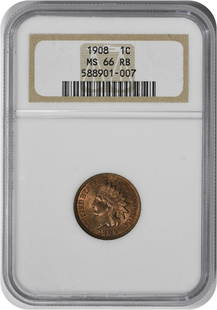 1908 Indian Head Cent MS66RB NGC Graded Copper Coin: 1908 Indian Head Cent MS66RB NGC Graded Copper Coin This stunning 1908 Indian Cent is graded MS66RB by NGC, showcasing its exceptional quality as an uncirculated coin. Struck from copper, it features