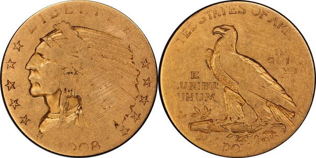 1908 Indian Gold $2.50 Quarter Eagle PCGS Certified Lowball FR 02: 1908 Indian Gold $2.50 Quarter Eagle PCGS Certified Lowball FR 02 This 1908 Indian Gold $2.50 Quarter Eagle is a remarkable piece of numismatic history. Struck at the Philadelphia Mint, this coin feat