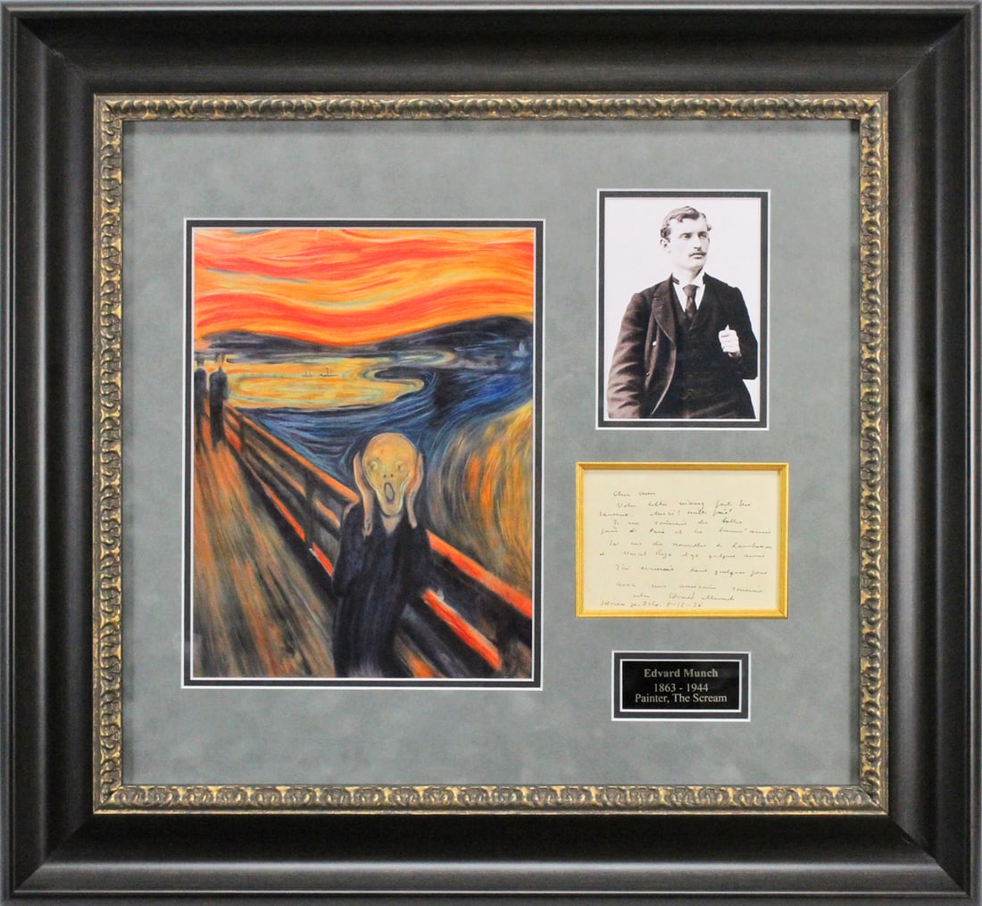 Edvard Munch Signed Framed Letter 5.5x4 BAS COA August 1936: Edvard Munch Signed Framed Letter 5.5x4 BAS COA August 1936 This authentic and framed letter by Edvard Munch measures 5.5 x 4 inches and is dated August 12, 1936. It features a personal note written i