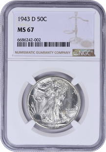 1943-D Walking Liberty Half Dollar MS67 Silver NGC Certified: 1943-D Walking Liberty Half Dollar MS67 Silver NGC Certified This 1943-D Walking Liberty Half Dollar is a remarkable piece, certified by NGC with a grade of MS67, indicating its uncirculated condition