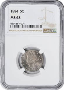 1884 Liberty Nickel MS68 NGC Uncirculated 5C Coin: 1884 Liberty Nickel MS68 NGC Uncirculated 5C Coin This exquisite 1884 Liberty Nickel has been graded MS68 by NGC, showcasing its pristine uncirculated condition. Featuring a composition of nickel, thi