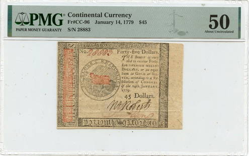 1779 $45 Continental Currency PMG AU50 Historical Note: 1779 $45 Continental Currency PMG AU50 Historical Note This January 14, 1779 Continental Currency note features a denomination of $45 and has been graded AU50 by PMG, indicating it is in choice circul