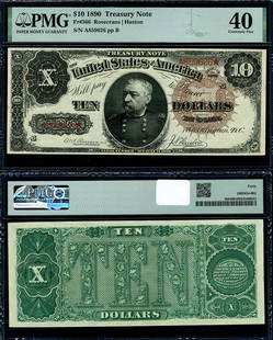 1890 $10 Treasury Note PMG XF40 Certified Stunning Circulated: 1890 $10 Treasury Note PMG XF40 Certified Stunning Circulated This stunning 1890 $10 Treasury Note is graded as XF40 by PMG, indicating its excellent condition. This note has been circulated and showc