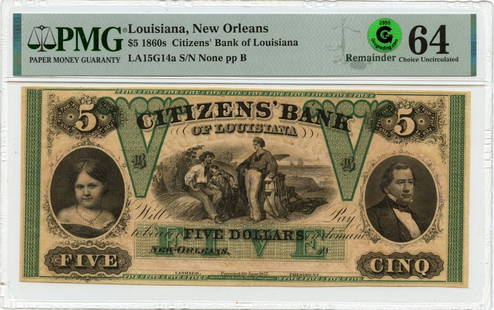 1860s $5 Louisiana New Orleans PMG MS64 Uncirculated Note: 1860s $5 Louisiana New Orleans PMG MS64 Uncirculated Note This 1860s $5 Louisiana note from New Orleans is a remarkable collectible. It has been certified by PMG with a grade of MS64, indicating its u