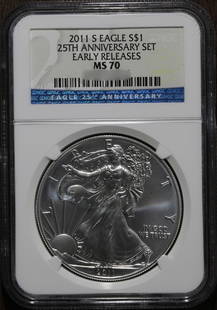 2011-S American Silver Eagle MS70 NGC 25th Anniversary Coin 1 oz: 2011-S American Silver Eagle MS70 NGC 25th Anniversary Coin 1 oz This 2011-S American Silver Eagle coin celebrates the 25th Anniversary of the series and is certified by NGC with a perfect grade of MS