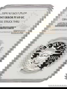 2000-W Platinum Eagle $100 NGC Proof 69 UCAM Mint Error Obverse Struck Thru: 2000-W Platinum Eagle $100 NGC Proof 69 UCAM Mint Error Obverse Struck Thru Introducing the 2000-W Platinum Eagle $100, a remarkable uncirculated bullion coin featuring a mint error with an obverse st