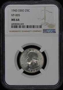 1943 DDO Washington Quarter NGC MS64 Uncirculated Coin: 1943 DDO Washington Quarter NGC MS64 Uncirculated Coin This 1943 DDO Washington Quarter is certified by NGC with a grade of MS64, indicating it is in uncirculated condition. The coin features a unique