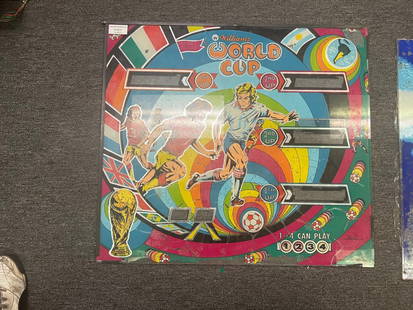 Vintage 1978 Williams WORLD CUP Pinball Backglass Collectible: Vintage 1978 Williams WORLD CUP Pinball Backglass Collectible This is a vintage WORLD CUP Pinball Backglass produced by Williams in 1978. It is a collectible piece that showcases the vibrant artwork a