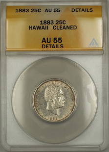 1883 Hawaii Silver Quarter AU 55 ANACS Certified Coin: 1883 Hawaii Silver Quarter AU 55 ANACS Certified Coin This 1883 Hawaii Silver Quarter showcases a rich history, featuring a silver composition and graded AU 55 by ANACS. The coin is in circulated cond