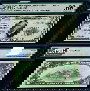 1929 T-1 $10 Huntingdon PA National Bank Note PMG CU66 EPQ: 1929 T-1 $10 Huntingdon PA National Bank Note PMG CU66 EPQ This $10 National Bank Note from Huntingdon, Pennsylvania, issued in 1929 (Type T-1), is a remarkable collector's item. Graded CU66 EPQ by PM