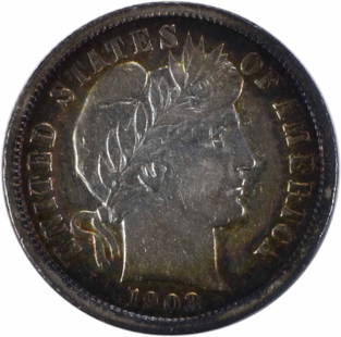1903-S Barber Silver Dime VF Uncertified 90% Silver 10C Coin: 1903-S Barber Silver Dime VF Uncertified 90% Silver 10C Coin This is a 1903-S Barber Silver Dime, featuring the renowned design by Charles E. Barber. It is a circulated coin in Very Fine (VF) conditio