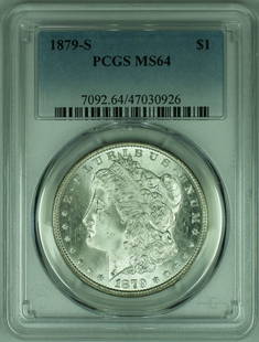1879-S Morgan Silver Dollar Toned Reverse PCGS MS-64 Uncirculated: 1879-S Morgan Silver Dollar Toned Reverse PCGS MS-64 Uncirculated This stunning 1879-S Morgan Silver Dollar features a beautiful toned reverse and is graded MS-64 by PCGS. It is an uncirculated coin m