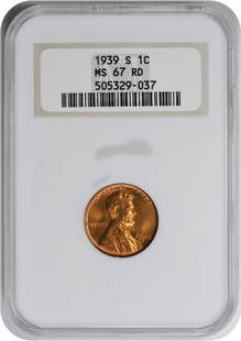 1939-S Lincoln Cent MS67RD NGC Uncirculated Copper Coin: 1939-S Lincoln Cent MS67RD NGC Uncirculated Copper Coin This 1939-S Lincoln Cent, graded MS67RD by NGC, is a stunning example of uncirculated quality, showcasing the classic Lincoln Wheat design by