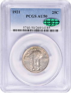 1921 Standing Liberty Silver Quarter AU50 PCGS CAC 90% Silver: 1921 Standing Liberty Silver Quarter AU50 PCGS CAC 90% Silver This 1921 Standing Liberty Silver Quarter is certified by PCGS with a grade of AU50 and is part of the CAC collection. Struck at the