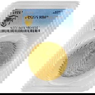 1914 $20 St. Gaudens Gold Coin PCGS PR60 Rare Type 3: 1914 $20 St. Gaudens Gold Coin PCGS PR60 Rare Type 3 This stunning 1914 $20 St. Gaudens coin is a rare find, featuring a Proof grade of PR60 as certified by PCGS. Minted in Philadelphia, it boasts a b