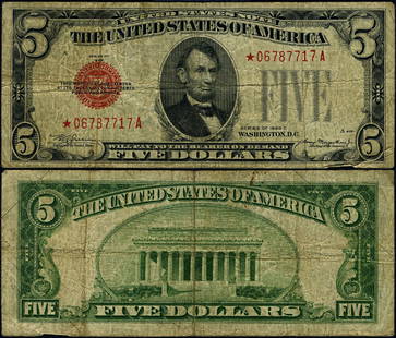 1928-C $5 Legal Tender Note Fine+ *-A Block Circulated: 1928-C $5 Legal Tender Note Fine+ *-A Block Circulated This 1928-C $5 Legal Tender note features a Fine+ grade, indicating it has circulated and shows signs of use while retaining its collectible valu