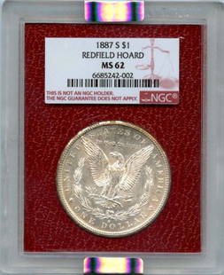 1887 S Morgan Silver Dollar NGC MS62 Redfield Hoard Uncirculated: 1887 S Morgan Silver Dollar NGC MS62 Redfield Hoard Uncirculated This 1887 S Morgan Silver Dollar is a stunning addition to any coin collection. Graded MS62 by NGC, this uncirculated coin showcases th