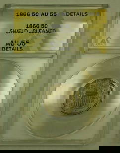 1866 ANACS Certified Shield Nickel 5C With Rays AU 55: 1866 ANACS Certified Shield Nickel 5C With Rays AU 55 This 1866 Shield Nickel is a fascinating piece of numismatic history, certified by ANACS with a grade of AU 55. Minted in Philadelphia, this 5-cen