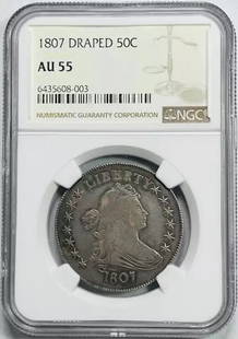 1807 NGC AU-55 Draped Bust Half Dollar Silver Coin: 1807 NGC AU-55 Draped Bust Half Dollar Silver Coin This 1807 Half Dollar features the iconic Draped Bust design and is certified by NGC with a grade of AU-55. Struck from silver, this coin showcases i