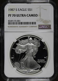 1987-S NGC PF70 Ultra Cameo 1 oz Proof American Silver Eagle Coin: 1987-S NGC PF70 Ultra Cameo 1 oz Proof American Silver Eagle Coin This stunning 1987-S Proof American Silver Eagle coin showcases exceptional quality, graded at PF 70 Ultra Cameo. Struck from .999 fin