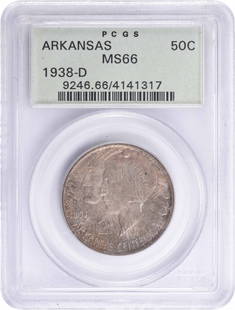 1938-D Arkansas Commemorative Silver Half Dollar MS66 PCGS: 1938-D Arkansas Commemorative Silver Half Dollar MS66 PCGS This Arkansas Commemorative Silver Half Dollar, minted in 1938-D, is an exceptional addition for coin collectors. Graded MS66 by PCGS, this