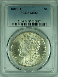 1883-O Morgan Silver Dollar Coin PCGS MS-64 Uncirculated Silver: 1883-O Morgan Silver Dollar Coin PCGS MS-64 Uncirculated Silver This 1883-O Morgan Silver Dollar Coin is a remarkable piece for collectors, showcasing its uncirculated condition with a PCGS grade of
