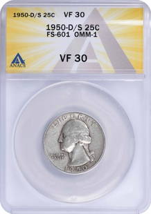 1950-D/S Washington Silver Quarter OMM1 ANACS Certified VF30: 1950-D/S Washington Silver Quarter OMM1 ANACS Certified VF30 This 1950-D/S Washington Silver Quarter is a notable addition for any coin collector. Certified by ANACS, this quarter is in a VF30