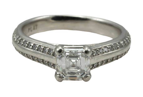 GIA Certified Platinum Ring with 1.06ct Asscher Cut Diamond: GIA Certified Platinum Ring with 1.06ct Asscher Cut Diamond This exquisite platinum ring features a stunning Asscher cut diamond, weighing 1.06 carats, with a diamond color grade of E and clarity