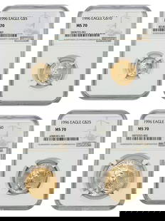 1996 NGC MS70 Gold Eagle Coin Set of 4 Uncirculated: 1996 NGC MS70 Gold Eagle Coin Set of 4 Uncirculated This lot features four stunning 1996 Gold Eagle coins, each certified by NGC as MS70, indicating they are in uncirculated condition. The collection