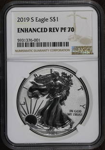 2019-S Enhanced Reverse Proof Silver Eagle $1 PR70 NGC Certified Coin: 2019-S Enhanced Reverse Proof Silver Eagle $1 PR70 NGC Certified Coin This stunning 2019-S American Eagle coin features an enhanced reverse proof finish, showcasing its exquisite design and craftsmans
