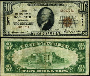 1929 T-1 $10 National Bank Note Rochester PA Ch #2977 Fine+: 1929 T-1 $10 National Bank Note Rochester PA Ch #2977 Fine+ This $10 National Bank Note from 1929, issued by the First National Bank of Rochester, Pennsylvania, is classified as Fine+. It is a circula