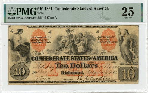 1861 $10 Confederate States PMG VF25 Currency Note: 1861 $10 Confederate States PMG VF25 Currency Note This 1861 $10 note from the Confederate States of America is graded PMG VF25, indicating it is in very fine condition. The note has been circulated a