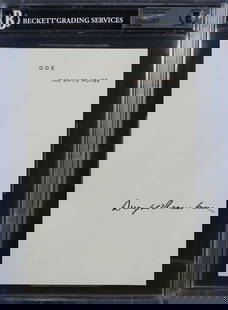 Dwight D. Eisenhower Signed White House Page 7x10.25 BAS Mint 9: Dwight D. Eisenhower Signed White House Page 7x10.25 BAS Mint 9 This is an authentic signed page of White House stationery, measuring 7x10.25 inches, personally autographed by Dwight D. Eisenhower. Th