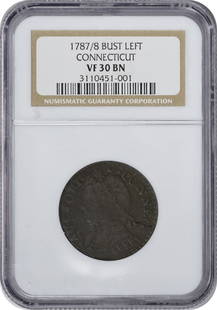 1787 Connecticut Copper Coin Bust Left NGC VF30BN Colonial: 1787 Connecticut Copper Coin Bust Left NGC VF30BN Colonial This historical 1787 Connecticut Copper features a bust facing left, graded VF30BN by NGC. It showcases the craftsmanship of the Colonial era