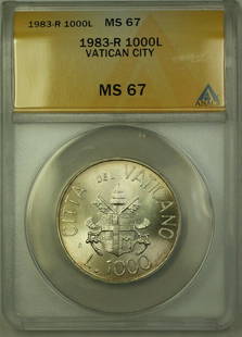 1983 Vatican City Silver 1000 Lire Coin ANACS MS 67 Uncirculated: 1983 Vatican City Silver 1000 Lire Coin ANACS MS 67 Uncirculated This 1983 Vatican City Silver 1000 Lire Coin is a remarkable piece for collectors. Graded MS 67 by ANACS, this uncirculated coin showca