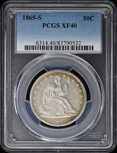1865-S Liberty Seated Half Dollar PCGS XF40 Certified Coin: 1865-S Liberty Seated Half Dollar PCGS XF40 Certified Coin This 1865-S Liberty Seated Half Dollar is certified by PCGS with a grade of XF40, indicating its excellent circulated condition. Minted in Sa