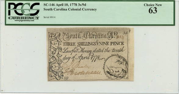 1778 South Carolina 3s9d Colonial Note PCGS MS63 Certified: 1778 South Carolina 3s9d Colonial Note PCGS MS63 Certified This 1778 South Carolina Colonial Note is a remarkable piece of history, certified by PCGS Currency with a certification number of 80726058.