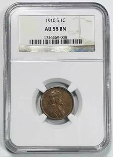 1910 S Lincoln Penny NGC AU 58 Copper Coin: 1910 S Lincoln Penny NGC AU 58 Copper Coin This 1910 S Small Cents Lincoln Penny is certified by NGC with a grade of AU 58. Struck in copper at the San Francisco mint, this coin is noted for its circu
