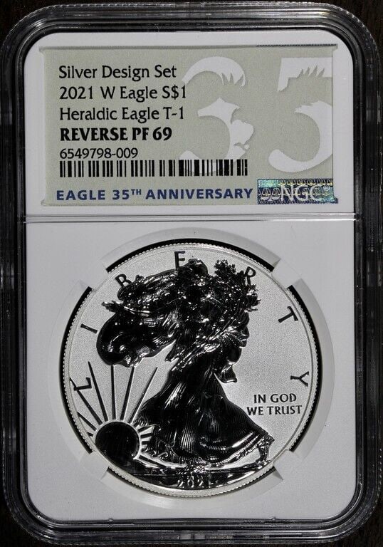 2021-W Reverse Proof American Silver Eagle PF69 NGC Designer Set: 2021-W Reverse Proof American Silver Eagle PF69 NGC Designer Set This 2021-W Reverse Proof American Silver Eagle is a remarkable addition to any collection. Struck in 1 oz of silver, this coin showcas