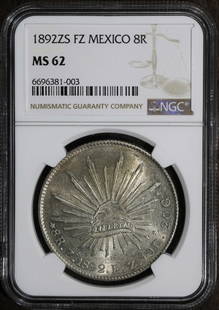 1892 Mexico Cap & Rays 8 Reales MS62 NGC Silver Coin: 1892 Mexico Cap & Rays 8 Reales MS62 NGC Silver Coin This stunning 1892 Mexico Cap & Rays 8 Reales coin is a remarkable piece from the Second Republic (1867-1905). Graded MS62 by NGC, it showcases exc