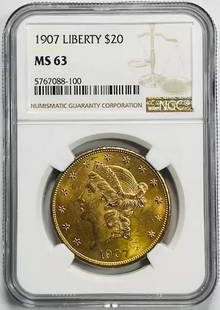 1907 NGC MS63 $20 Double Eagle Liberty Head Gold Coin: 1907 NGC MS63 $20 Double Eagle Liberty Head Gold Coin This stunning 1907 $20 Double Eagle features the iconic Liberty Head design, certified by NGC with a grade of MS-63. Composed of high-quality gold