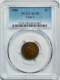 1886 P Indian Head Penny PCGS AU 58 Brown Copper Cent: 1886 P Indian Head Penny PCGS AU 58 Brown Copper Cent This 1886 P Indian Head Penny features a rich brown patina, graded AU 58 by PCGS, indicating it has been circulated but retains significant detail